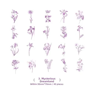 Macro detail of 40 dreamlike purple floral PET stickers for scrapbooking and decoration