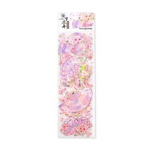 Dreamy PET stickers with 3D crystal ink featuring folding fans and pink cherry blossoms