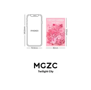 Size comparison of Fantasy Garden flower PET stickers next to an iPhone for scale