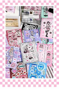 Y2K style girl stickers in pink and blue for DIY diary decoration and journaling