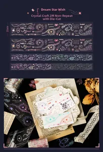 Detail of dreamlike PET tape with crystal craft and gold foil laser star patterns