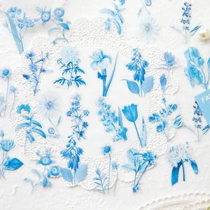 Blue floral PET stickers featuring dream garden botanical motifs for scrapbooking