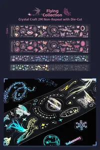 Detail of PET decorative tape with 3D crystal laser finish and vintage bird patterns