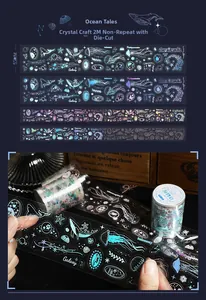 Detail of 55mm ocean themed PET tape with laser gold foil and crystal finish