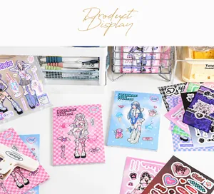 Detailed view of PaperMore Y2K anime stickers and stationery set on a desk