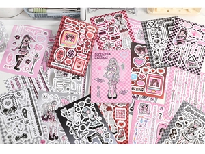 Detail van Y2K-esthetische anime-meisjesstickers met roze en geruite decoratieve patronen