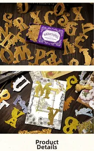 Detail of vintage embossed gold foil alphabet stickers for scrapbooking in a purple box