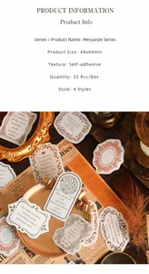 Macro detail of retro salt-style aesthetic stickers with 32 vintage paper sheets per box