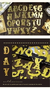Detail of 26 gold baroque embossed alphabet stickers for vintage DIY scrapbooking crafts