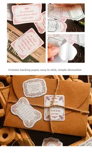 Dettaglio macro di adesivi letterari vintage su carta kraft con supporto adesivo