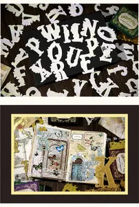 Close-up of vintage holographic and gold foil alphabet stickers for DIY scrapbooking