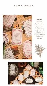 Macro view of vintage paper stickers with floral borders and classic English literary text