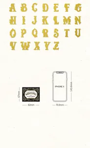 Macro detail of 26 gold foil alphabet stickers with dimensions 82mm x 67mm for journaling