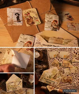 Détail d'autocollants vintage pour scrapbooking avec motifs de lapins, oiseaux et fleurs