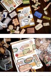 Macro view of vintage style scrapbook stickers with retro labels on wooden background