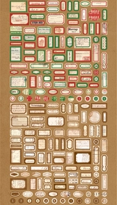 Flat lay of 1000 pieces vintage label stickers in diverse shapes for scrapbooking