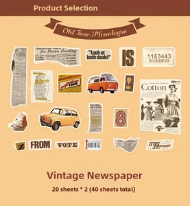 Detalle de pegatinas vintage de papel washi con patrones de periódicos y coches, 40 hojas