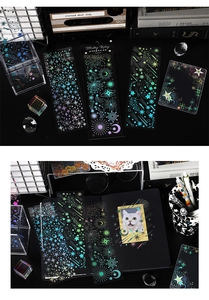 Detail van holografische Milky Way PET-stickers met sterren voor DIY-scrapbooking