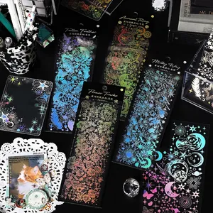Vintage Galaxy Laser Holografisch PET Stickers Goud Zilver Stempelen Veer Bloem DIY Scrapbooking Journaling Stickers