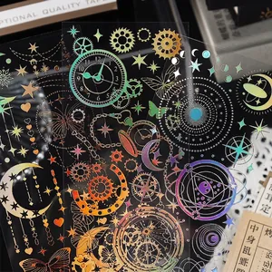 Steampunk ster en maan PET stickers met gouden laserfolie en vintage tandwielpatronen