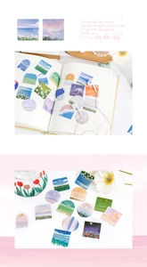 Detail view of aesthetic oil painting scenery stickers for scrapbooking and decoration