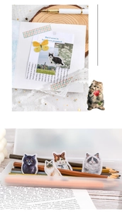 Detailed view of realistic cat stickers applied on a journal with vintage stationery