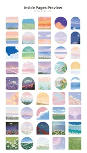 Inside pages show 45 oil painting stickers with sunset and floral art designs