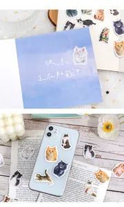 Detail of realistic cat stickers on phone case and notebook for DIY scrapbooking decor