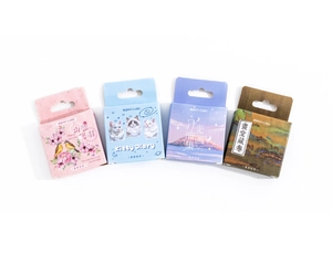 Detailed set of four artistic boxed sticker packs featuring vintage oil painting themes