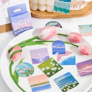 Artistic oil painting stickers set with moon and rose designs in a purple decorative box