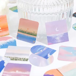 Aesthetic landscape art sticker set in pastel hues with sun, sea, and moon patterns
