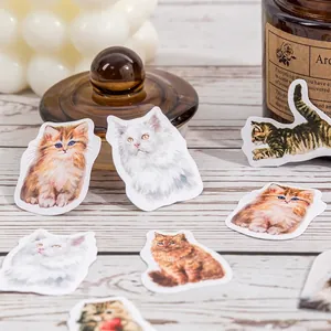 Cute watercolor cat stickers for journaling featuring various breeds and poses on wood