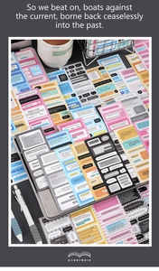 Detail of Information Age sticker pack with assorted scrapbooking labels and pen