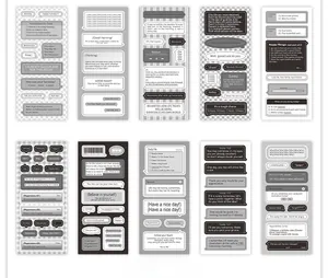 Detail view of Information Age sticker set featuring black and white scrapbooking labels