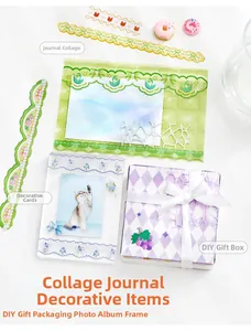 Detailed view of floral stickers and purple lace gift box for DIY scrapbooking kits