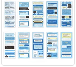Detailed spread of Information Era sticker pack featuring retro UI and romantic ocean themes