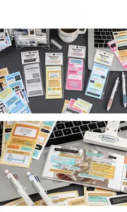 Close-up of Info Age stickers with check-lists and notes on a desk setting