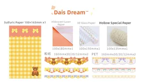 Detail of vintage teddy bear scrapbooking kit with lace paper and decorative tapes
