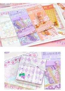 Detail of floral lace sticker packs featuring PET and washi paper for scrapbook decor