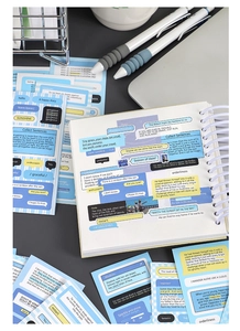 Detail shot of Information Age series DIY stickers with Morandi blue and yellow accents