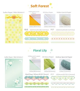 Detail view of decorative stationery sets featuring vellum, laser paper, and PET tapes