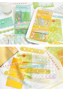 Detail of floral lace stickers with rabbit motifs and holographic finish for scrapbooking