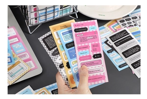 Detail of DIY journal stickers with social media chat bubbles and system pop-up designs