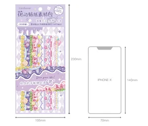 Detail of purple scrapbook sticker set with paper, washi, and PET materials for deco