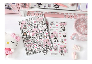 Detail of cute anime girl stickers with pink game controllers and heart motifs