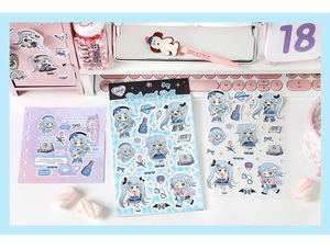 Detail of Rock and Roll anime girl stickers with guitar and recorder on desk set
