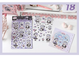 Anime maid themed sticker set for DIY journaling with purple hair girl illustrations
