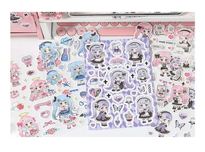 Detail of cute anime girl stickers with pink and pastel aesthetic for DIY journal decor