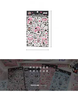 Detailed view of DIY scrapbook stickers featuring anime girls and gaming icons in pastel tones