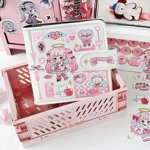 Kawaii pink anime stickers on a white leather DIY planner with strap closure